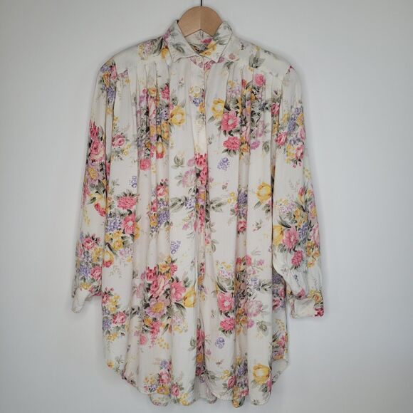 Vintage Floral Oversized Button Up Top Size S Pleated Longline Flowy Cottage - Picture 5 of 11